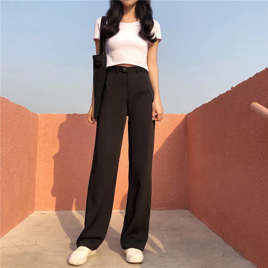 

Pants Women Loose High Waist Leisure Wide Leg Trousers Womens Solid Simple Retro All-match Trendy Full Length Pant Ladies Chic