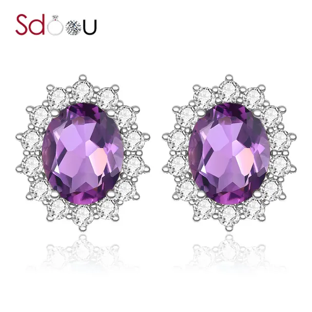$US $51.09 SDOOU Sterling Silver Earring 925 Silver Jewelry Sunflower Inlaid Diamond Amethyst Gemstone Stud Earrings For Women Fine Jewelry