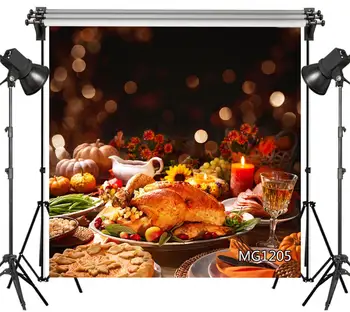 

Thanksgiving Dinner Photographic Backgrounds Rustic Style Turkey Pumpkins Flowers Decoration Candles Photography Backdrops Props