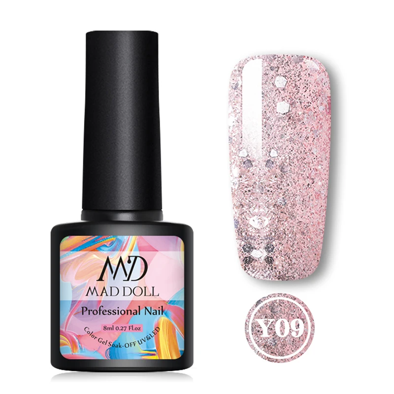 Y09 MAD DOLL, 1 бутылка, 8 мл, Цветной Гель-лак для ногтей, мерцающие частицы, Блестящие Блестки, долговечный гель для ногтей - Цвет: Y09