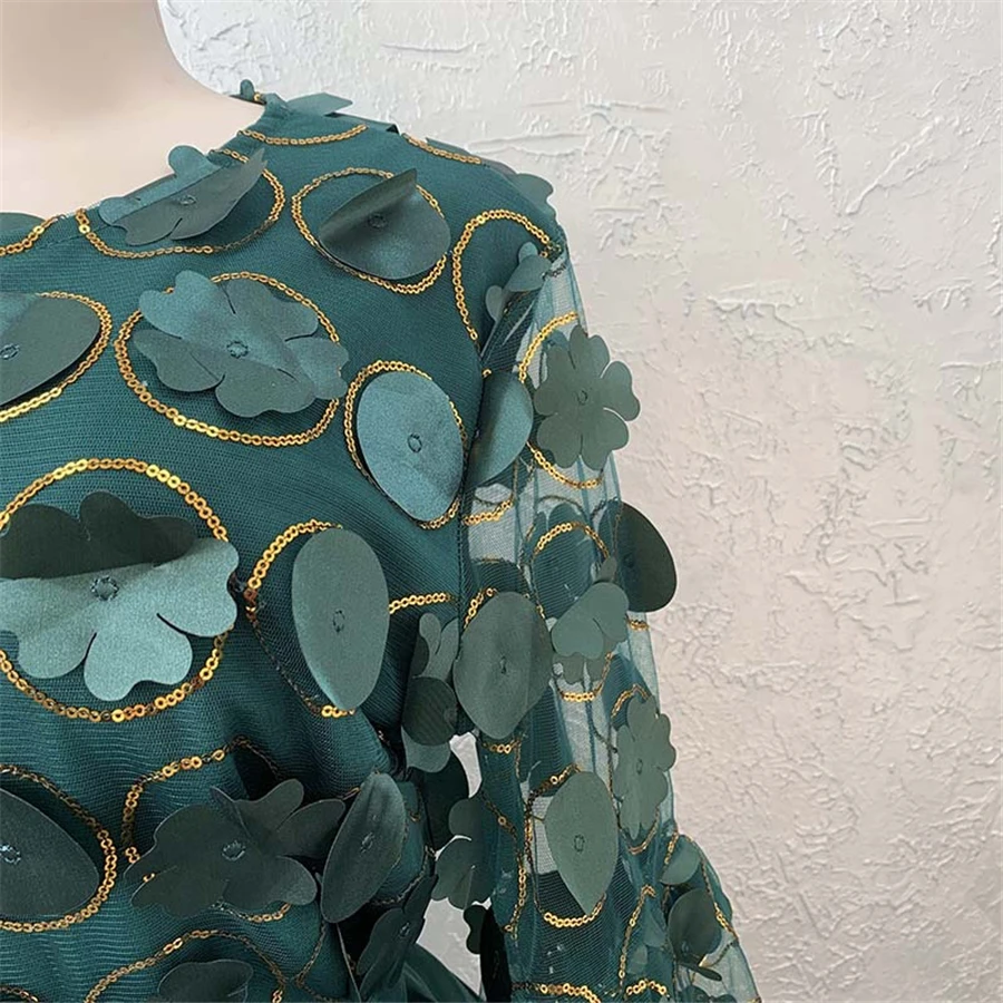 BAIBAZIN African Fashion Women's Embroidery Sequins Flower Flare Sleeve Middle Sleeve Top + Skirt Set
