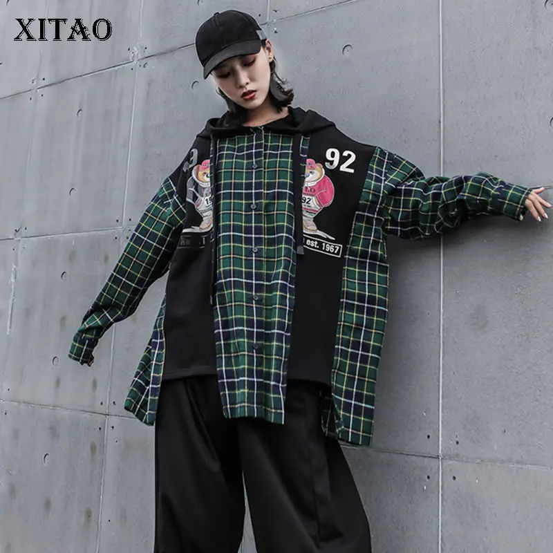 XITAO Tide лоскутный клетчатый свитшот большого размера Женская одежда принт узор с капюшоном воротник винтажный Свитшот Топ GCC1488