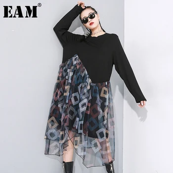 

[EAM] Women Black Asymmetrical Mesh Split Joint Dress New Round Neck Long Sleeve Loose Fit Fashion Tide Spring Autumn 2020 1N481