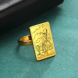 Tarot - Inspired Gold Stainless Steel Esoteric Amulet Ring - 8 (FIVE OF SWORDS)