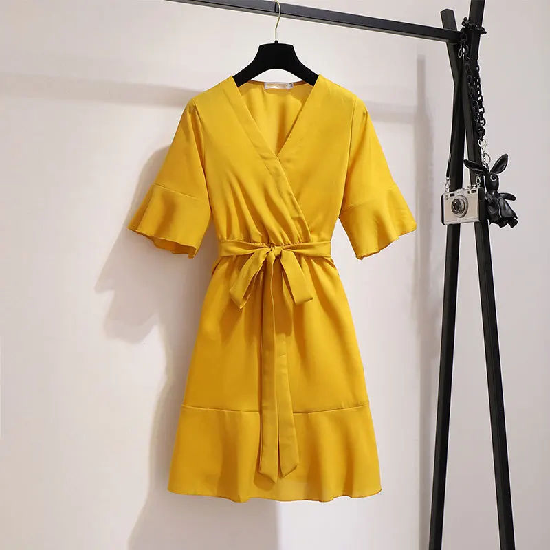 yellow dress Женское платье 6xl большого размера однотонное летнее шифоновое платье с пышными рукавами красного и желтого цвета для похудения, вечерние платья для работы - Цвет: yellow dress