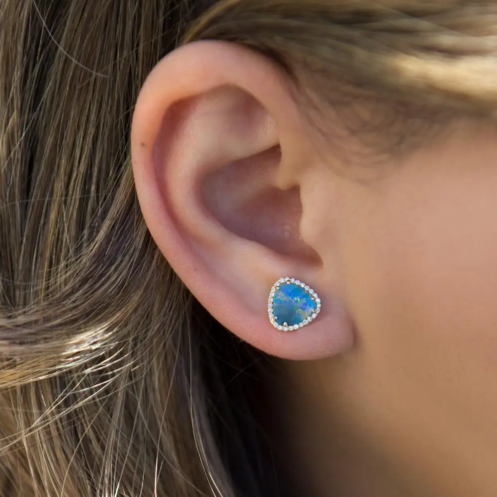 

Round opal earring Gold color high quality uneven shaped blue fire opal Customize fashion women jewelry