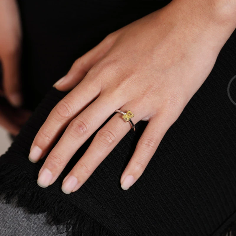 Luxury Brand high carbon AAAAA+ Zircon real S925 Sterling Silver rings for women Simple rectangle Yellow CZ wedding ring jewelry