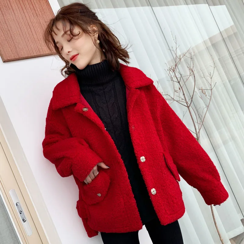 Lamb Wool Jacket Female Spring And Autumn STANDARD Covered Button Turn-down Collar Women Lamb Wool Jackets