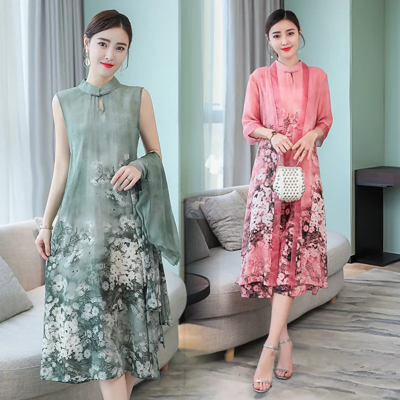 

Real 6519 Dress Women's Summer 2018 New Style Debutante Gentle Skirt Immortal Slimming Mid-length Real Silk Two-Piece Set