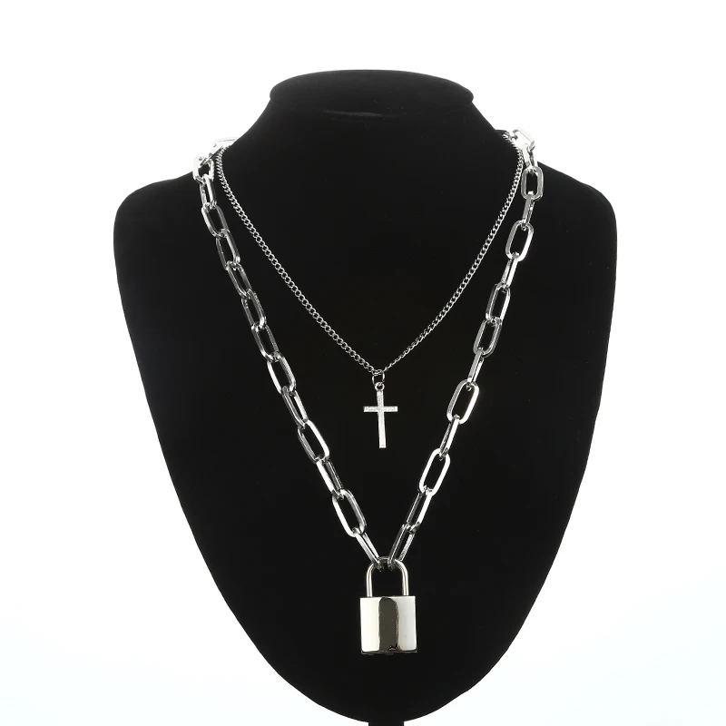 Многослойное ожерелье в стиле панк с крестом, ожерелье с квадратным замком для женщин и мужчин, металлические цепочки в стиле хип-хоп, крутые ювелирные изделия, подарки - Окраска металла: silver