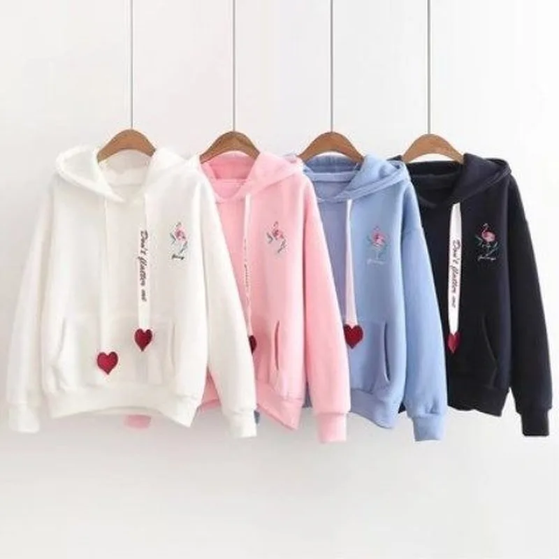 

Ladies' Trouble-free Hoodie Friends Sweatshirt Pullover Plus Velvet Embroidery Crane Love Lace Up Pullover Hooded Sweater Fleece