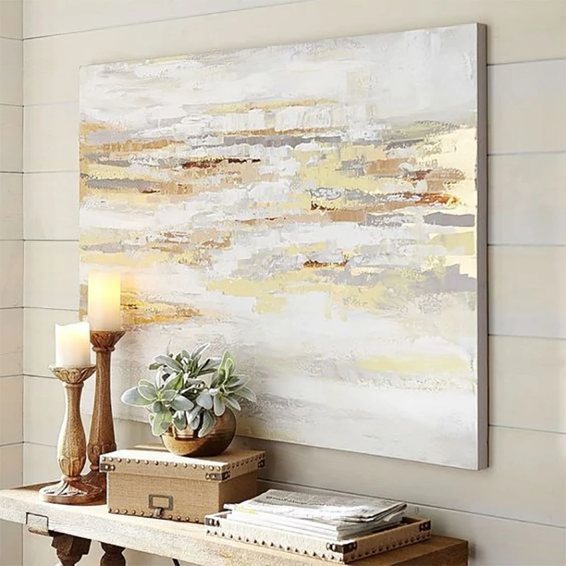 

Hand painted abstract oil painting living room modern minimalist golden white abstract european american living room porch decor