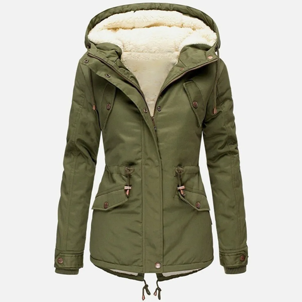 Зимние теплые куртки, Женская плюшевая парка, пальто с капюшоном размера плюс, сплошной цвет, утолщенный пуховик, Женская куртка на молнии с длинным рукавом - Цвет: Армейский зеленый