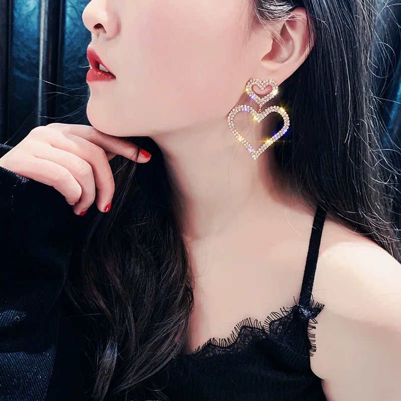 Luxury Rhinestone Earrings For Women Double Big Heart Pearl Crystal Simple Korean Statement Wedding Earring Jewelry Party