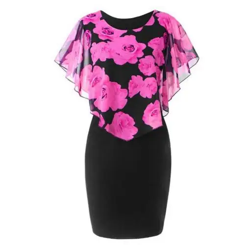 HOT SALES！！！New Arrival Plus Size Elegant Office Lady Rose Flower Print Cape Bodycon Knee Length Dress casual dresses Dresses