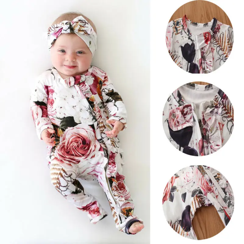 Newborn baby girl romper rose ruffled long sleeve zipper jumpsuit + headwear comfortable newborn girl clothes