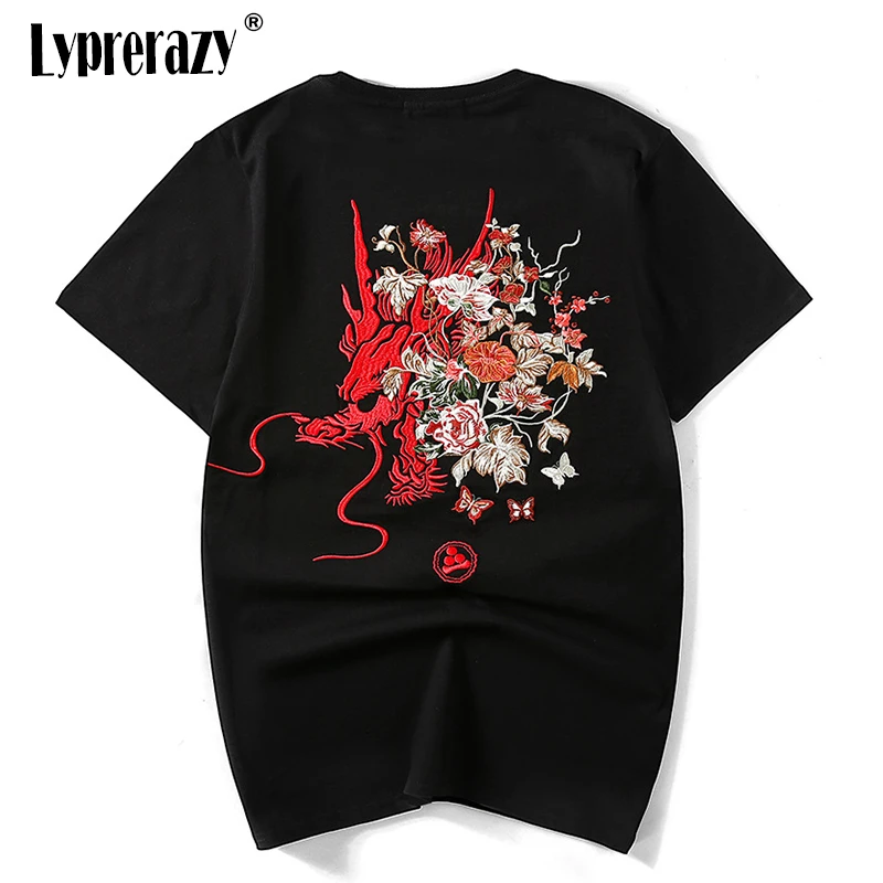 

Lyprerazy Men Black Tshirts Chinese Style Flowers Dragon Embroidery T Shirts Casual O Neck Short Sleeve Japan Harajuku Tops Tees