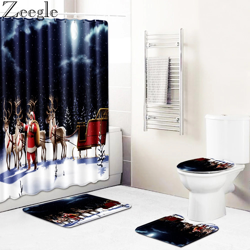Zeegle Waterproof Shower Curtain Christmas Bath Curtain Non-slip Bathroom Carpet Absorbent Foot Mat Washable Toilet Cover Mat