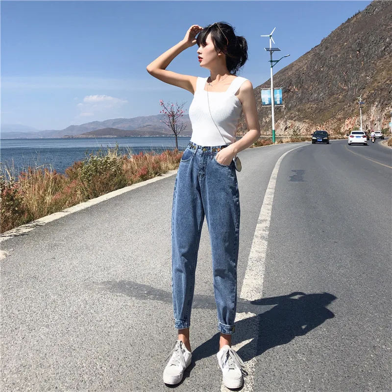 Узкие джинсы скинни для женщин корейский стиль свободные синие брюки Высокая талия молния винтажные брюки стрейч женские джинсы Harajuku