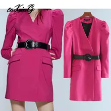 Английское офисное женское однотонное вечернее мини-платье с поясом и пышными рукавами, женские длинные блейзеры vestidos de fiesta de noche vestidos