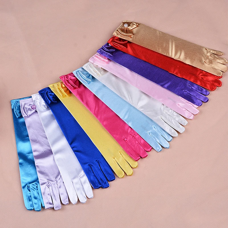 Перчатки для девочек длинные перчатки принцессы девушки свадебное платье перчатки с бантом костюм аксессуары атласные перчатки подарок на день рождения синий