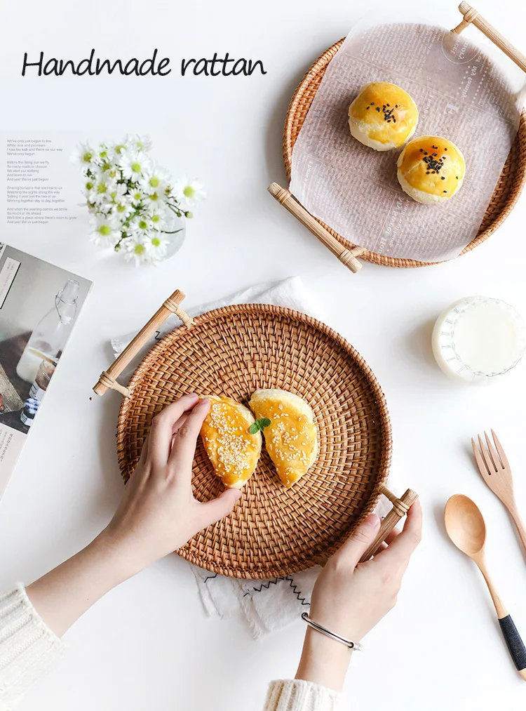 Manual Rattan Tray Round Bread Storage Basket Fruit Snack Teacup Storage Trays Handmade Basket Decorative Tray Storage Organizer