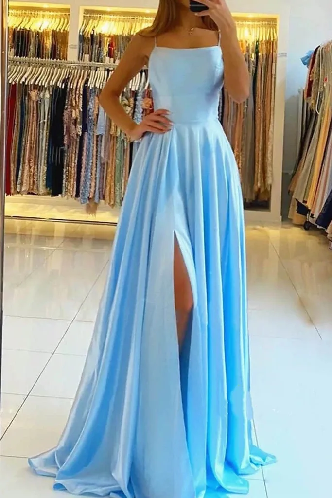 prom & dance dresses 2021 Womens Straps Prom Dress Long High Split Satin Evening Gowns Prom Spaghetti Formal Party Bridesmaid Dresses For Wedding orange prom dresses