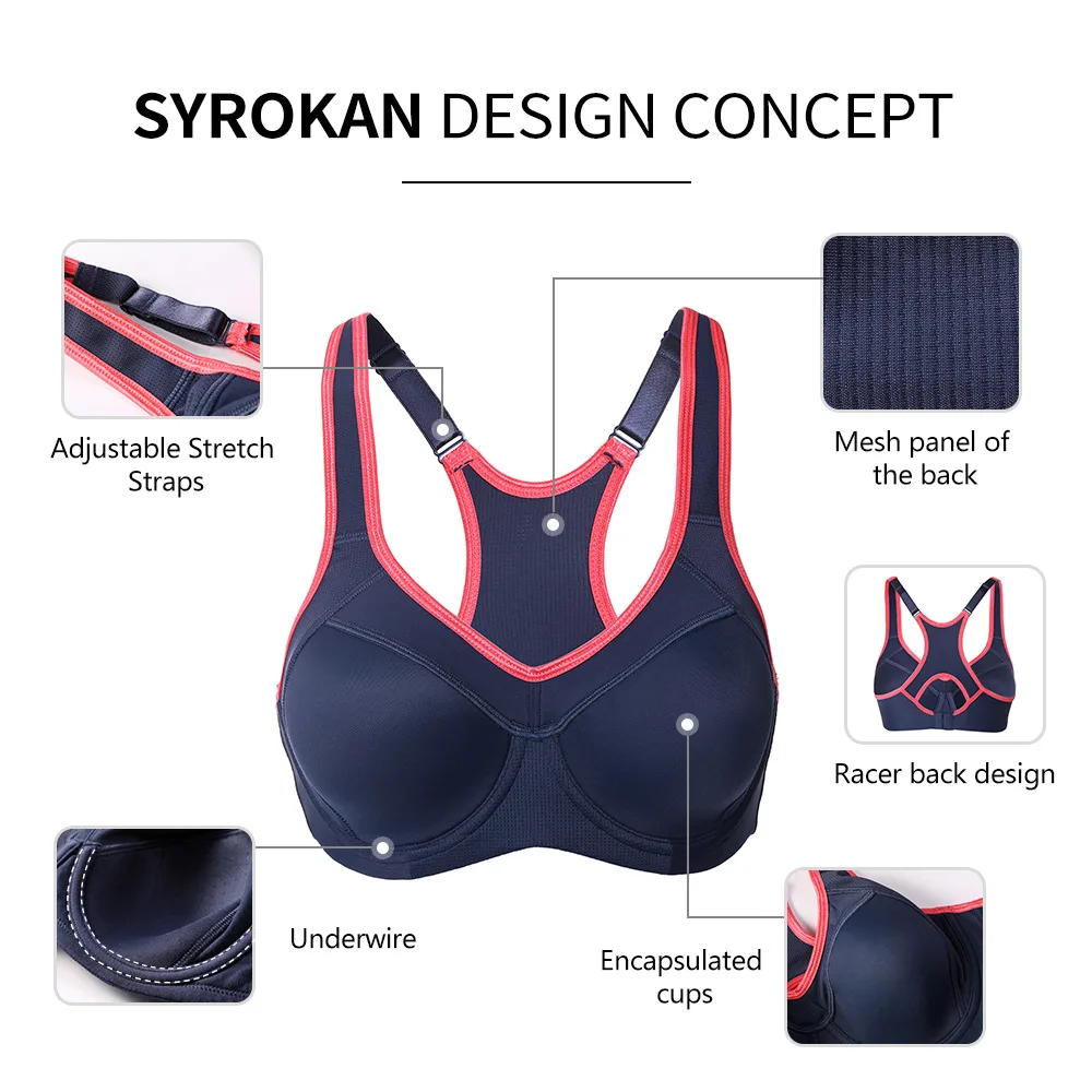 Sports bra SYROKAN women push up full support high impact racerback lightly lined underwire shockproof