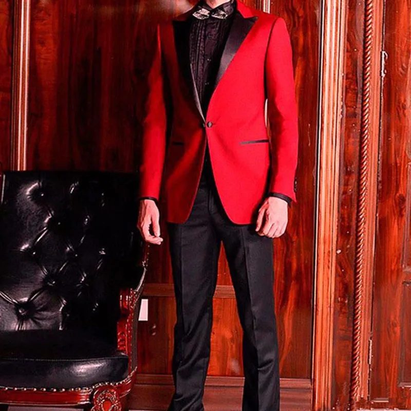 Custom Made Red Men Suits for Wedding Groom Tuxedo Black Peaked Lapel Man Blazer Jacket 2Piece Classic Fit Terno Masculino Costume Homme