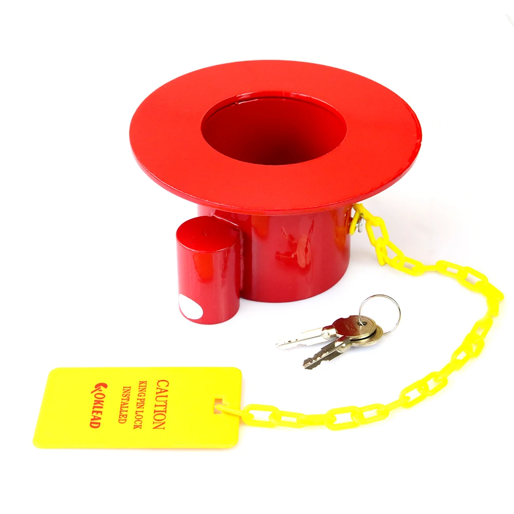 Heavy Duty Steel Kingpin Lock 5Th Wheel Trailer Lock King Pin Red Lock with Bright Yellow Caution Tag(Pin Φ 13mm