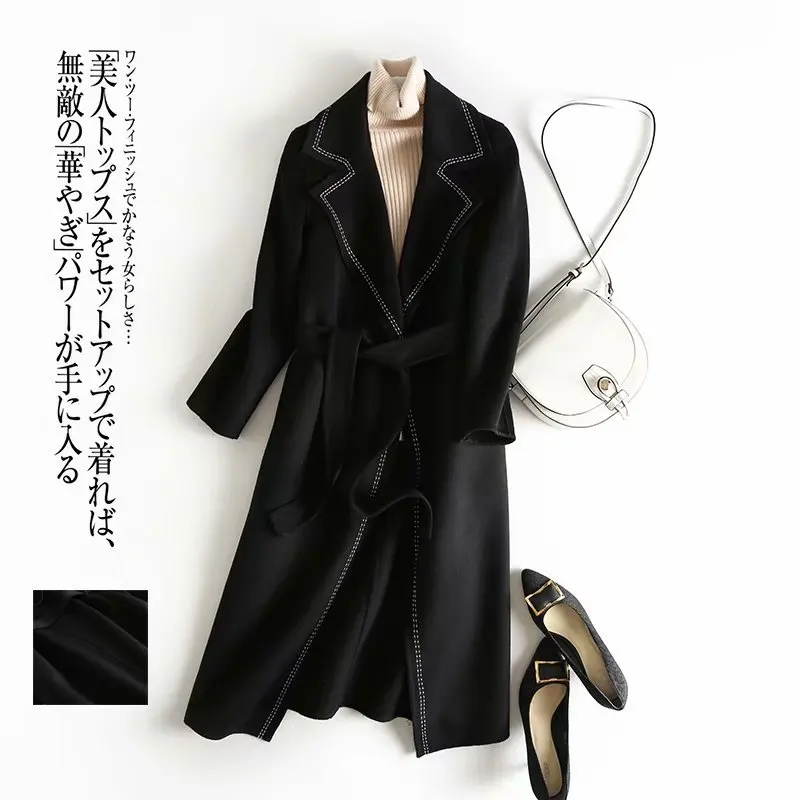 

2019 autumn and winter new black double side light temperament long wool coat coat female