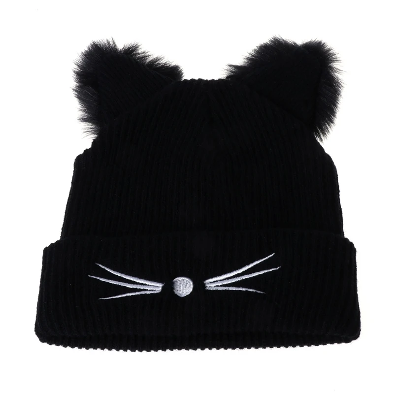 

Hot Sale Cat Ears Women Hat Knitted Acrylic Warm Winter Beanie Caps Crochet Fur