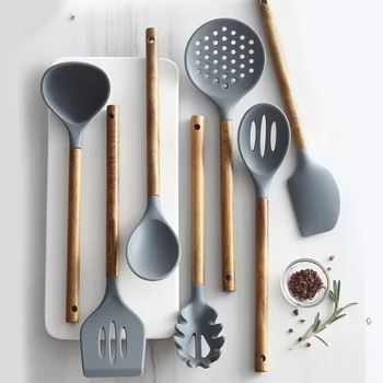 

Silicone Cooking Utensils Heat Resistant Wooden Handle Non-Stick Spatula Spoon Kitchen Cooking Tools Gadget Kitchenware LC