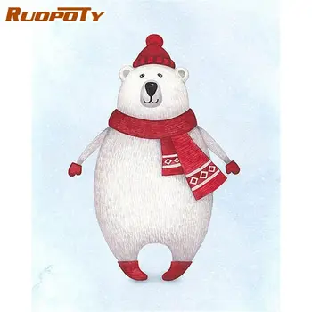 

RUOPOTY Oil Painting By Numbers Kits For Adults White Bear With Scarf Animal Picture Diy Framed On Canvas Home Decor Unique Gift