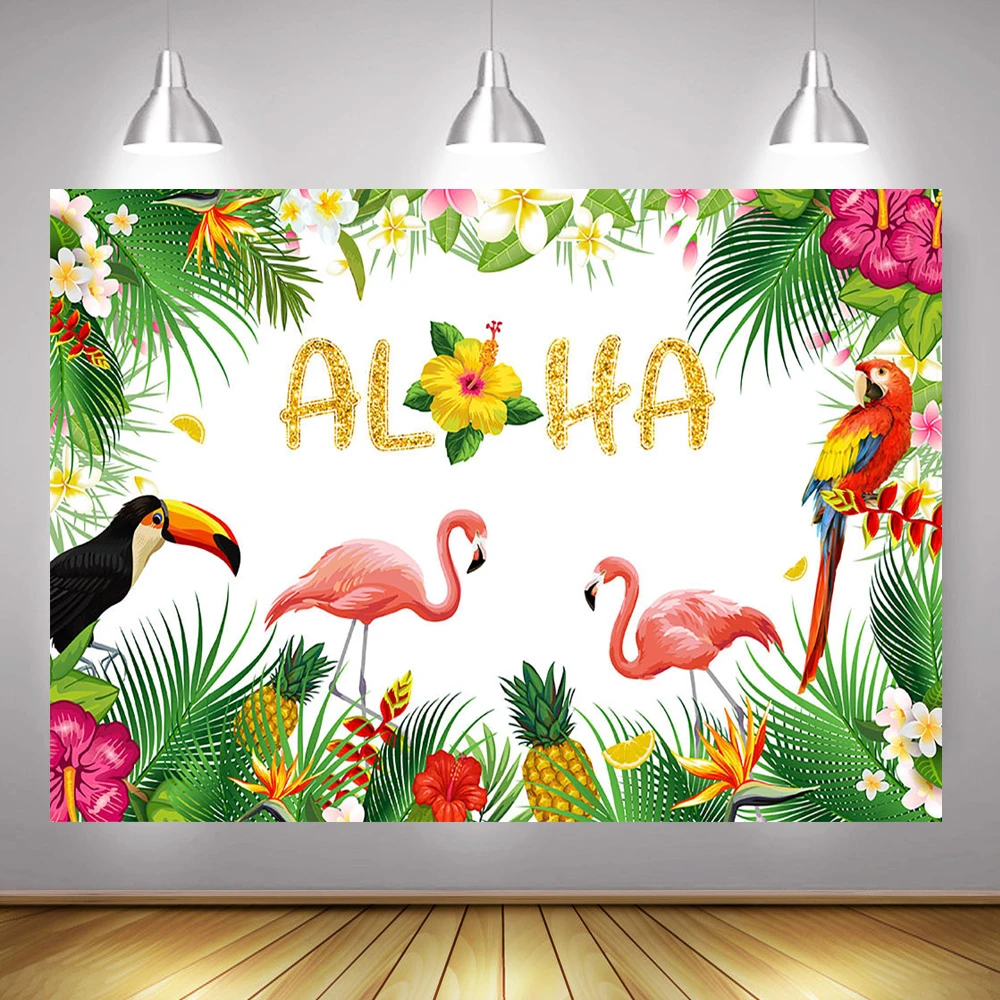 9x6ft Vinyl Backdrop Tropical Backgrouds Flamingo Green Plam Trees Jungle Forest Cute Animals Photography Backdrop Summer Fiesta Birthday Banner Children Party Decoration 
