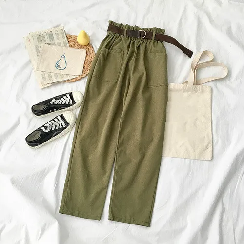 army green pants Neploe, весна, осень, широкие брюки, женские, повседневные, высокая талия, свободные, корейский стиль, панталоны, женские брюки с поясом, 39028 - Цвет: army green pants
