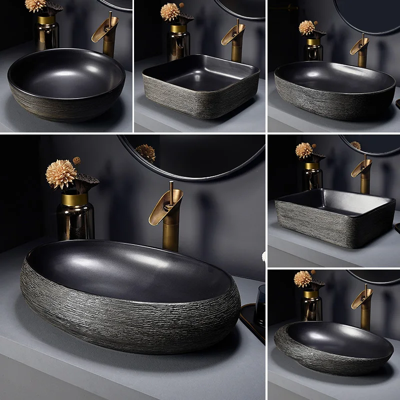 China Artistic Handmade Ceramic Bathroom Sinks Counter top black ceramic wash basin bathroom sink