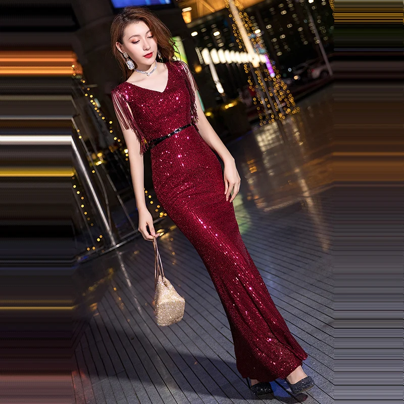 Это YiiYa Вечернее Платье бордовое с блестками без рукавов Robe De Soiree Русалка размера плюс v-образным вырезом Длинные с кисточками вечерние платья K135