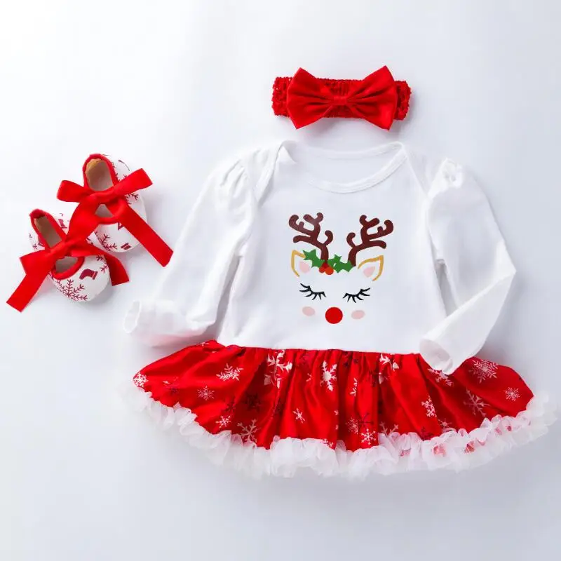 Z542 Long sleeve Infant Christmas Clothes 3pcs Sets Short Sleeves Baby Girls Clothes Newborn Rompers+Headband+Shoes New Year Gift Party Costumes - Цвет: Z542 Long sleeve