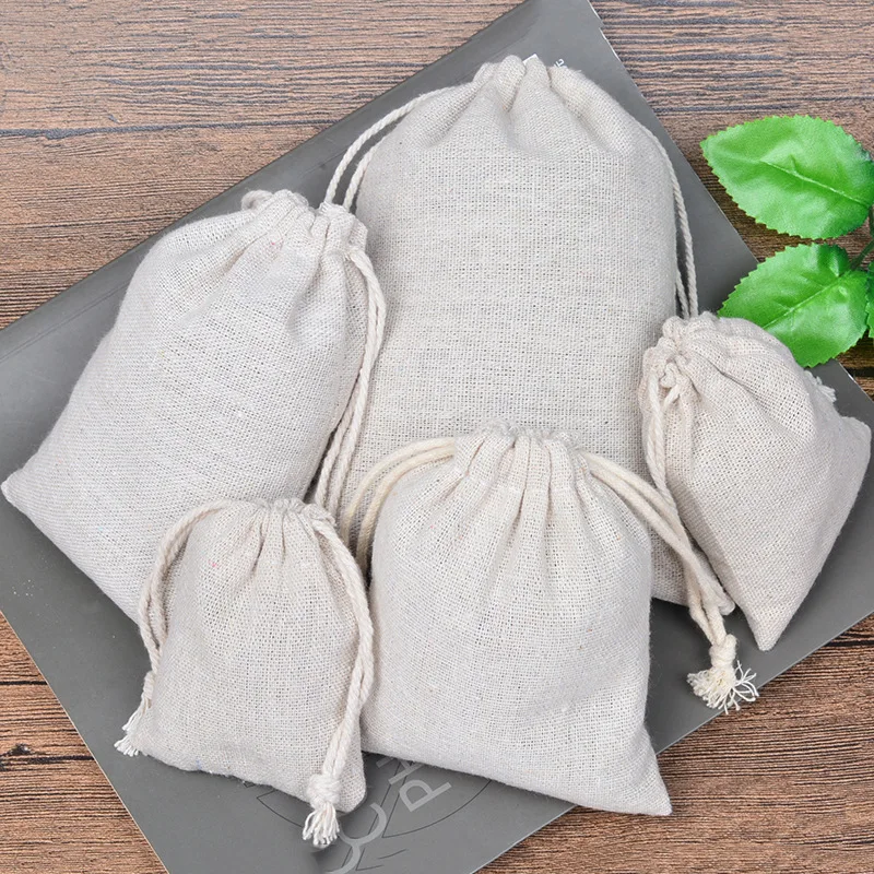 50pcs/Lot Natural Linen Cotton Bags Big Drawstring Gift Pouches Home Storage Christmas Wedding Packaging Bag Custom Print Logo