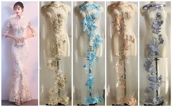 

1Piece Long Lace Applique Blue Champagne Patch Embroidery Sewing Motif DIY Wedding Bridal Crafts 28x122cm