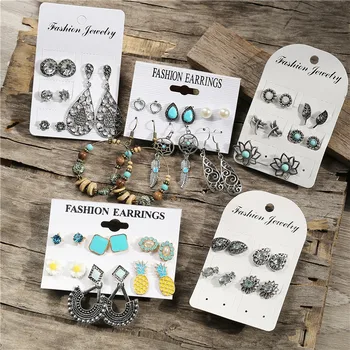 

IF ME Vintage Ethnic Geometric Drop Earrings Set For Women Crystal Wood Beads Pendant Circle Round Dangle Earring Jewelry Party