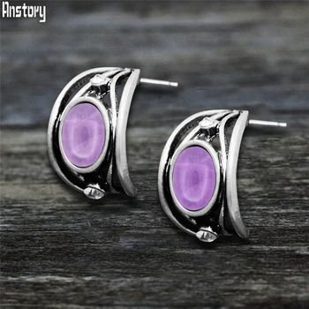 

Vintage Natural Quartz Jades Amethysts Stud Earrings For Women Moon Shape Nautral Tiger Eye Lapis Lazuli Unakite Fashion Stud