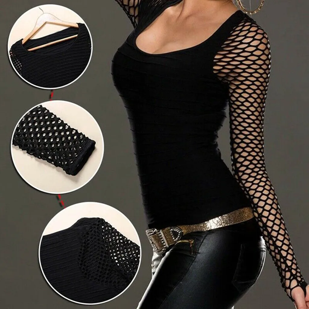 Women Hollow our Blouse Summer Top Long Sleeve Shirt Sexy Fish Net Tops Punk Gothic Blouses Fishnet Shirt Tops Ladies Pullover 5