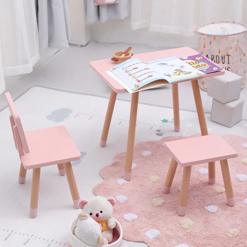 Children Desk and Chair Set Square Study Learning Desk Writing Table and Chair Solid Wood Minimalist Modern Baby Kids Furniture