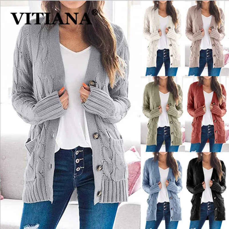 VITIANA-suéter de punto para mujer, cárdigan de punto informal de manga larga con botones, chaquetas largas, otoño 2020