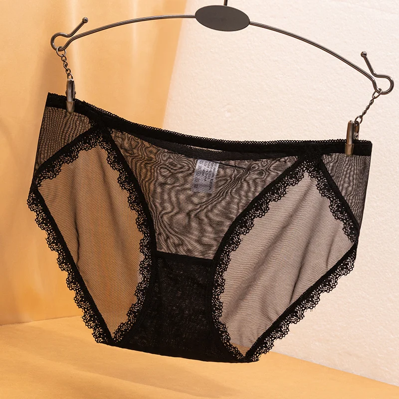 

Hollow Out Sexy Lingerie Corset Lace Bow Girl's Underwear Low Waist Mesh Perspective Women's Briefs Seamless Transparent Panties