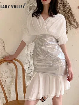

Free shipping pleated Zou V-neck contrast color waist irregular bronzing sequins dress ladies summer new personality fashion