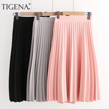 

TIGENA Simple Style Midi Long Pleated Skirt Women Fashion 2020 Spring Summer Korean A Line High Waist Skirt Female Lady Pink