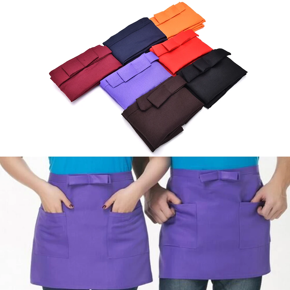 

Waterproof Half Apron Catering Baking Bar Hotel Waiter Kitchen Home Apron 2 Pocket Ladies Mens Cotton Black Short Waist Chefs